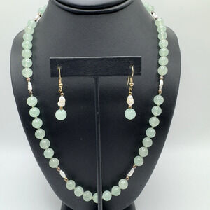 Vintage Green Jade Necklace Earrings Set Gold Filled Pearl Hand Knotted